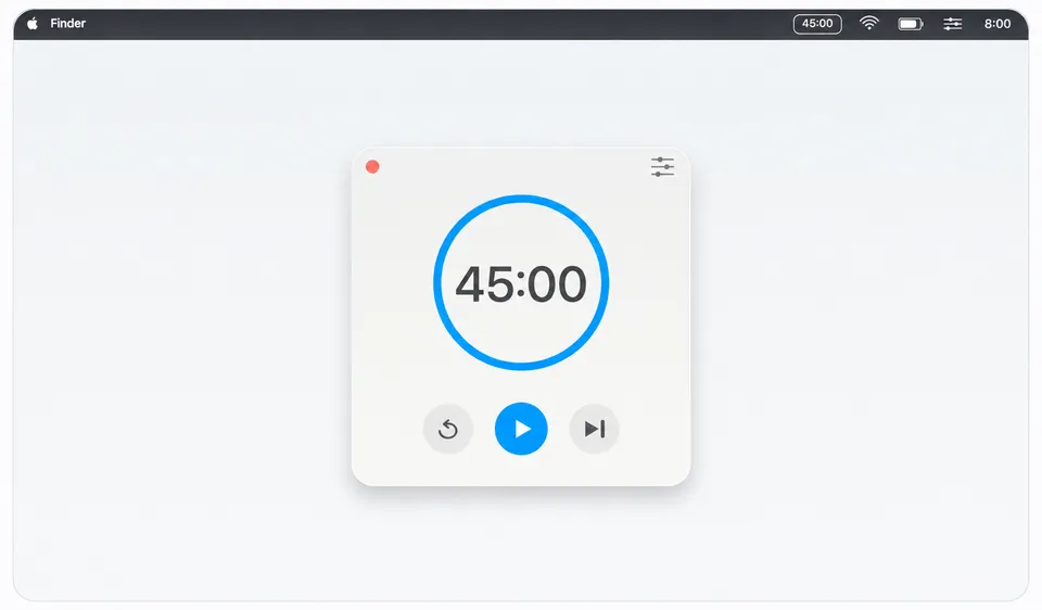 Okno Bareflow z timerem 45:00 oraz przyciskami rozpoczęcia, restartu i następnej fazy; pozostały czas widoczny także w pasku menu macOS.